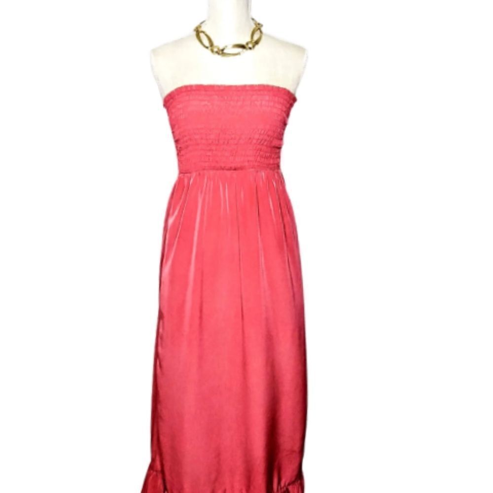 EUC Women's Small Pink Coral Strapless Long Ruffle Trim Maxi Dress